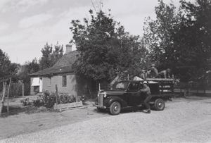 Image of Group of Mormon farmers getting ready to leave Santa Clara, Utah (their homes) to round up sheep which have been in the mountains for the summer