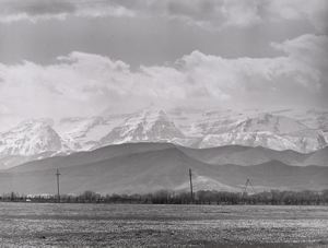 Image of Spring pasture with the snow-covered Uinta Mountains in the background. Heber, Utah